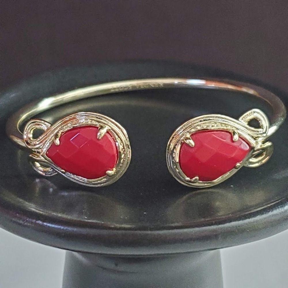Kendra Scott Andy Red Stone Gold Tone Open Cuff Bangle Bracelet Filigree Details